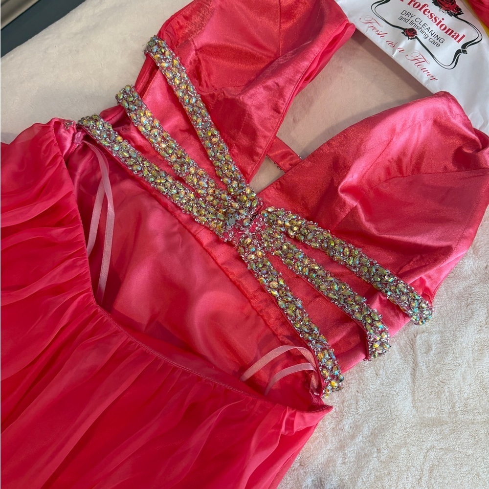 Elegant Coral Pink Backless Rhinestone Evening Gown - Picture 3 of 13